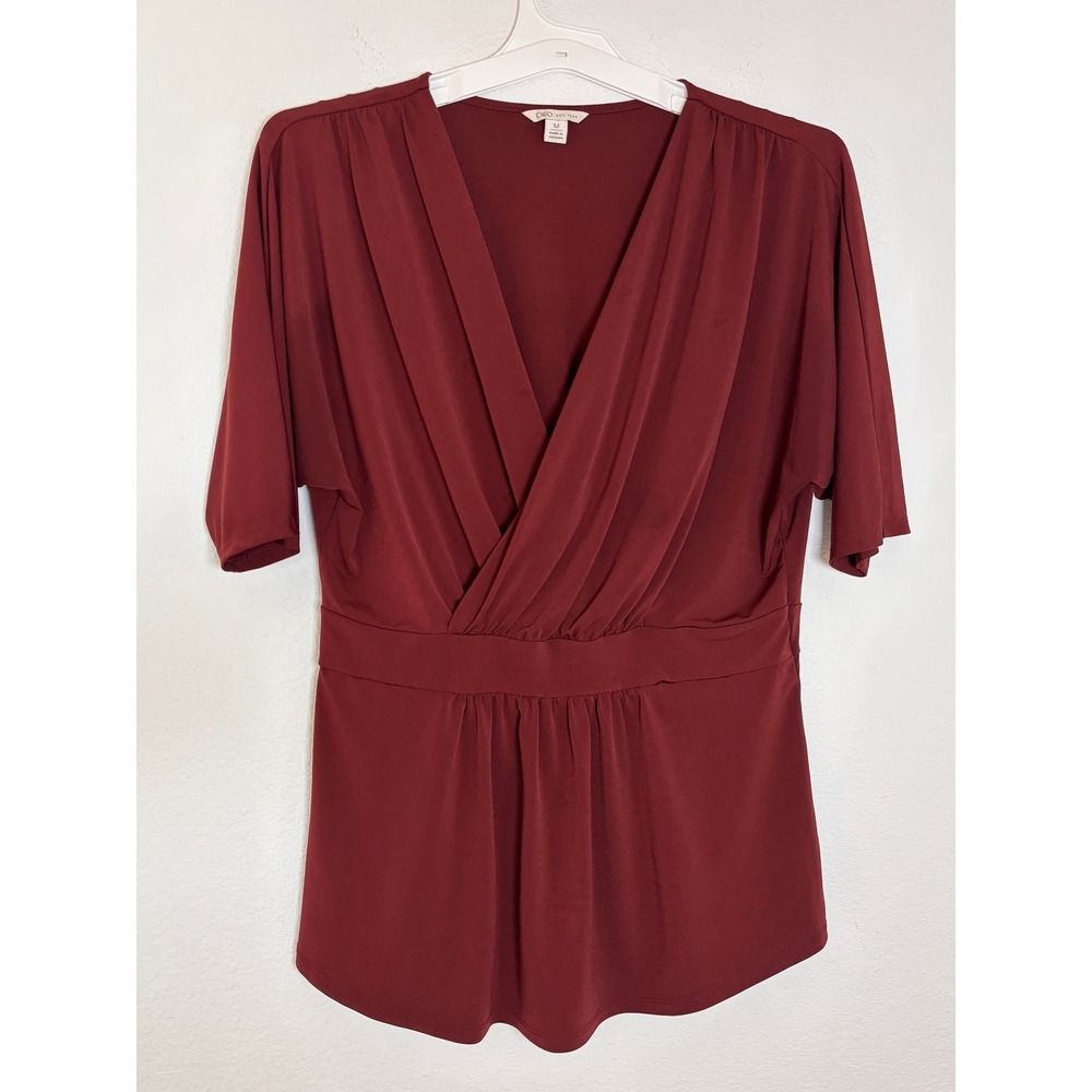 Cato Womens Burgundy Surplice Wrap Top V-Neck Pleated Blouse Size M